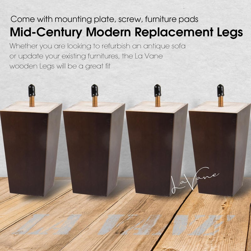 La Vane 6 inch Wooden Furniture Legs  Set of 4 Solid Wood Square Walnut Mid-Century Modern M8 Replacement Bun Feet with Pre-Drilled 5/16 Inch Bolt & Mounting Plate & Screws for Couch Sofa Armchair - Image 2